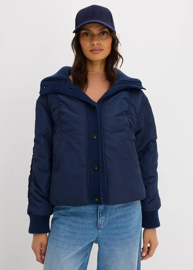 Gewatteerde jas met gebreide mouwboorden, Kleur: donkerblauw