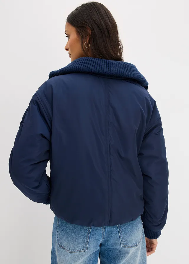 Gewatteerde jas met gebreide mouwboorden, Kleur: donkerblauw
