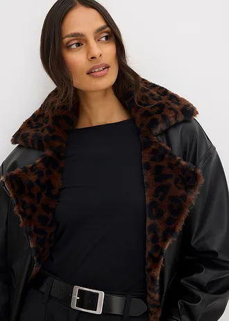 Bunda z umělé kůže s umělou kožešinou s leopardím vzorem • černá • bonprix obchod