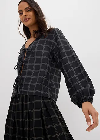 Wijde blouse van zachte viscose • zwart-kleigroen geruit • bonprix online shop