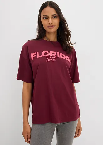 Oversized T-shirt van puur biologisch katoen, Kleur: esdoornrood-mediumpink met print