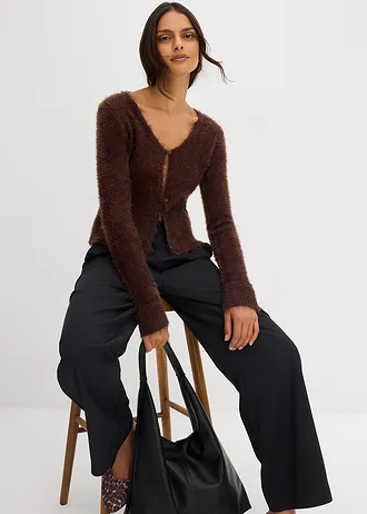 Kabátek z jemné pleteniny z péřové příze • tmavě hnědá • bonprix obchod