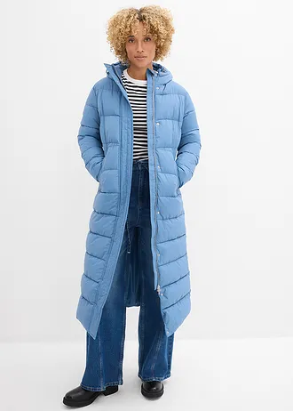 Lange, gewatteerde jas met capuchon, Kleur: golfblauw