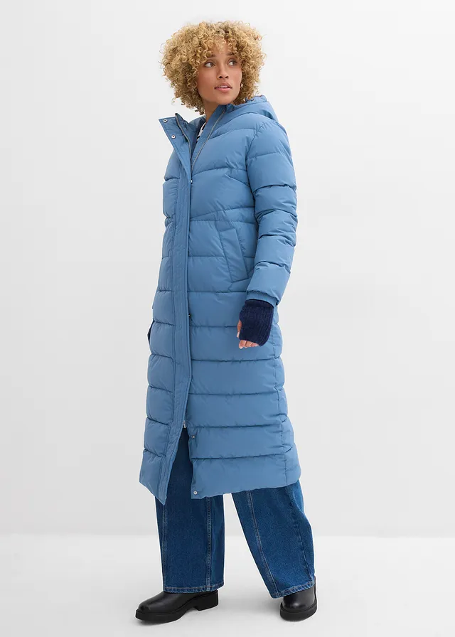 Lange, gewatteerde jas met capuchon, Kleur: golfblauw