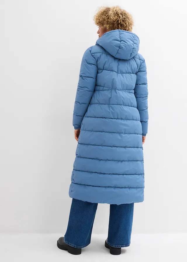 Lange, gewatteerde jas met capuchon, Kleur: golfblauw