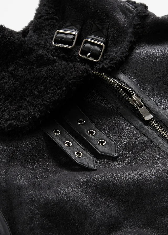 Korte imitatieleren jack met teddy voering • zwart • product-page.page-title-suffix