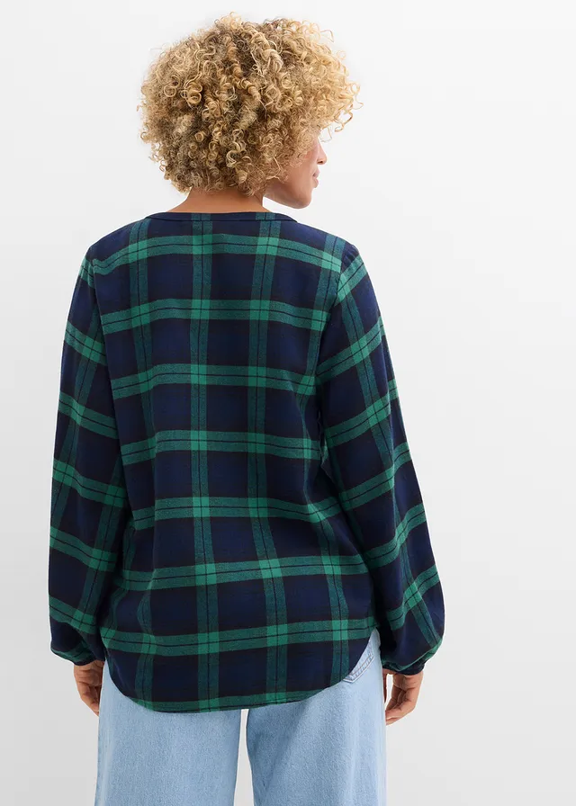 Flanellen blouse van puur katoen, Kleur: donkerblauw-edelsteengroen geruit