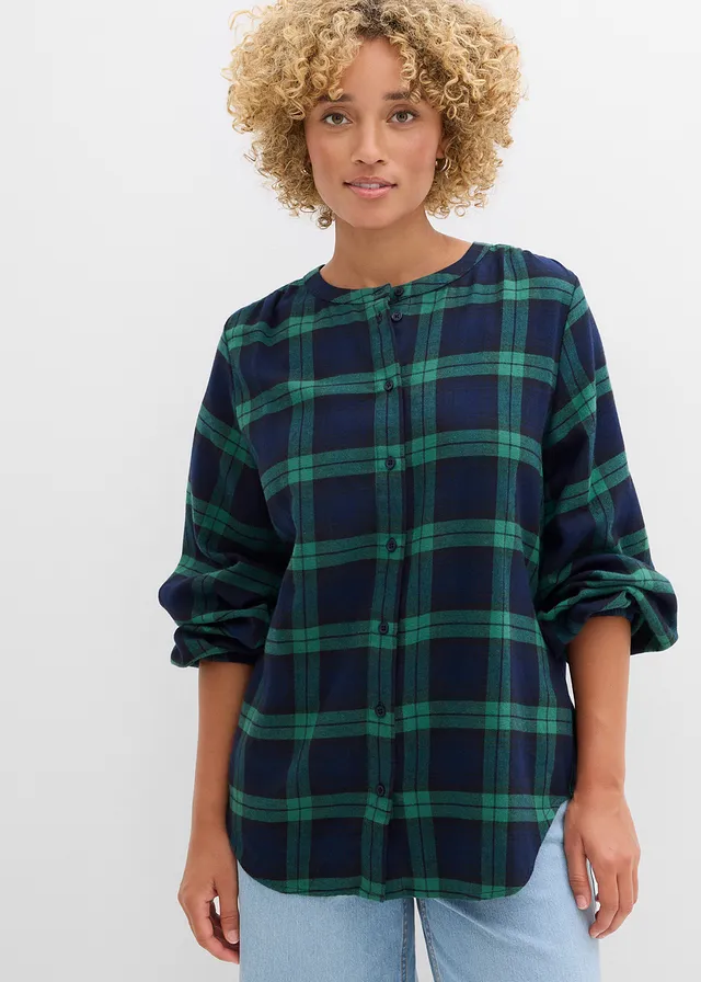 Chemisier en flanelle 100% coton, Couleur: bleu foncé-vert aventurine carreaux
