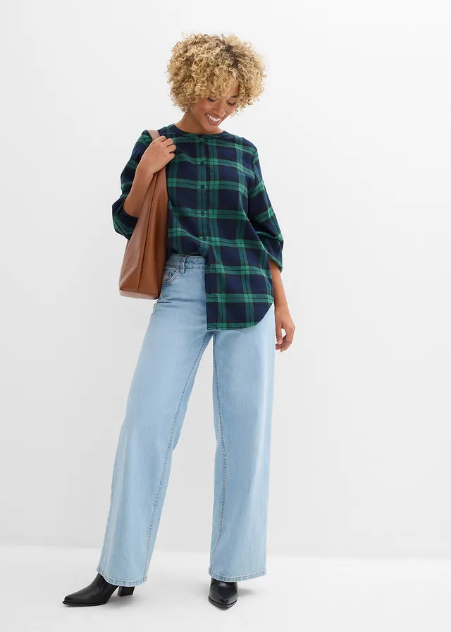 Chemisier en flanelle 100% coton, Couleur: bleu foncé-vert aventurine carreaux