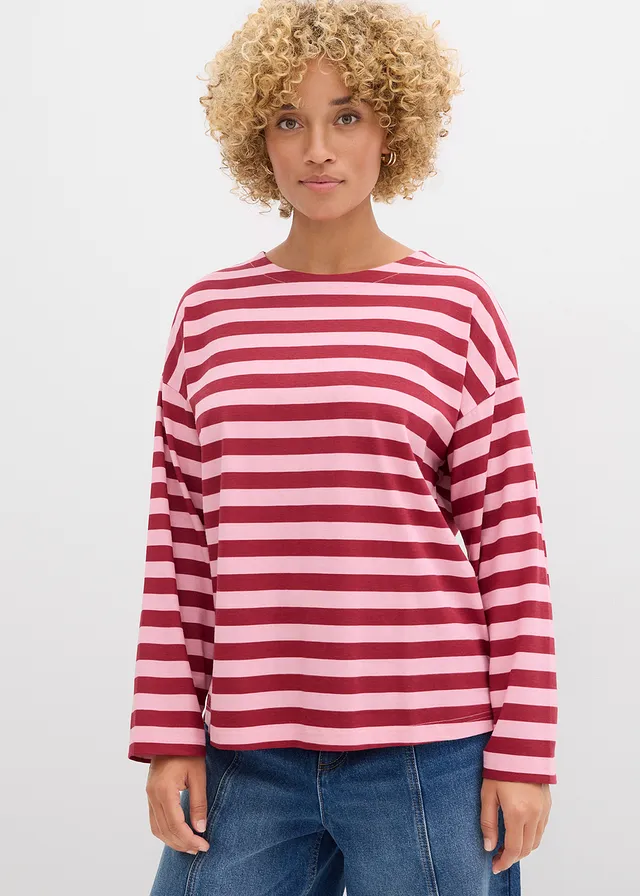 T-shirt oversize 100% coton, Couleur: prune/orchidée fumé rayé