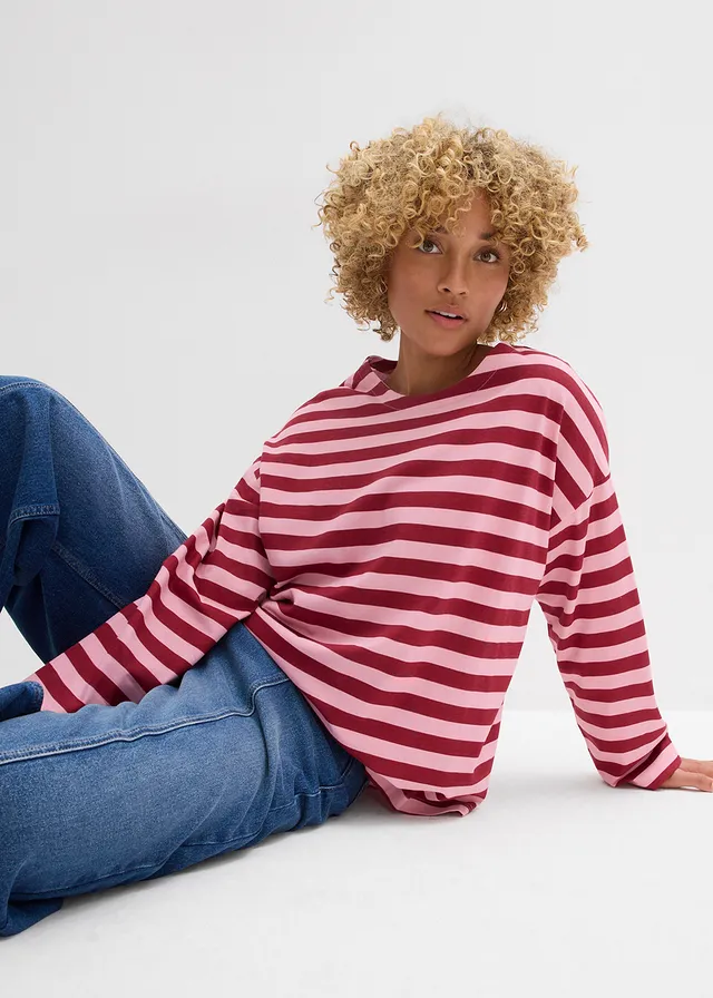 Oversized shirt van katoen • rood/rookorchidee gestreept • product-page.page-title-suffix