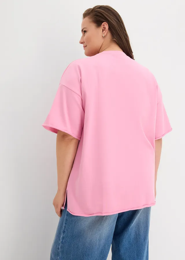T-shirt long en sweat 100% coton, Couleur: rose glycine