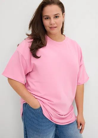 T-shirt long en sweat 100% coton, Couleur: rose glycine