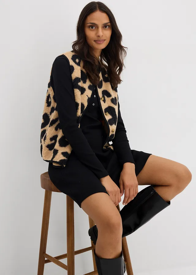 Gilet sans manches en sherpa • latte macchiato-noir léopard • product-page.page-title-suffix