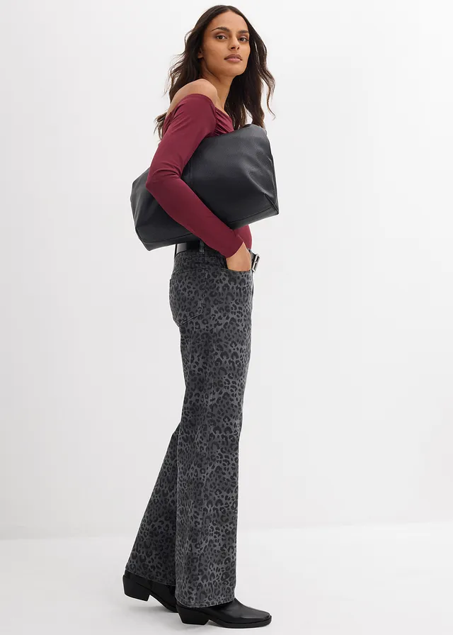 Wide leg twill broek met luipaardprint, Kleur: rookgrijs-luipaardprint