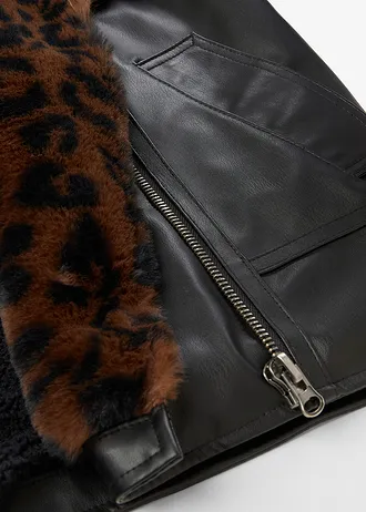 Bunda z umělé kůže s umělou kožešinou s leopardím vzorem • černá • bonprix obchod