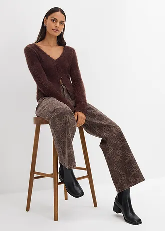 Wide leg twill broek met luipaardprint, Kleur: donkerbruin luipaardprint, washed