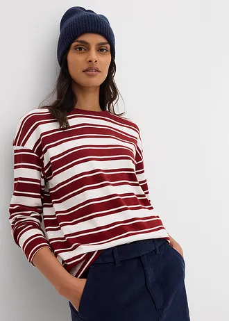 Oversized longsleeve van puur katoen, Kleur: wolwit-kastanjerood gestreept