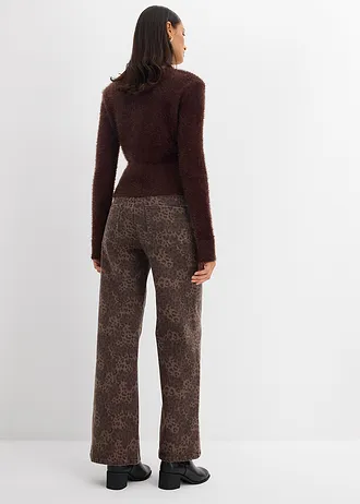 Wide leg twill broek met luipaardprint, Kleur: donkerbruin luipaardprint, washed