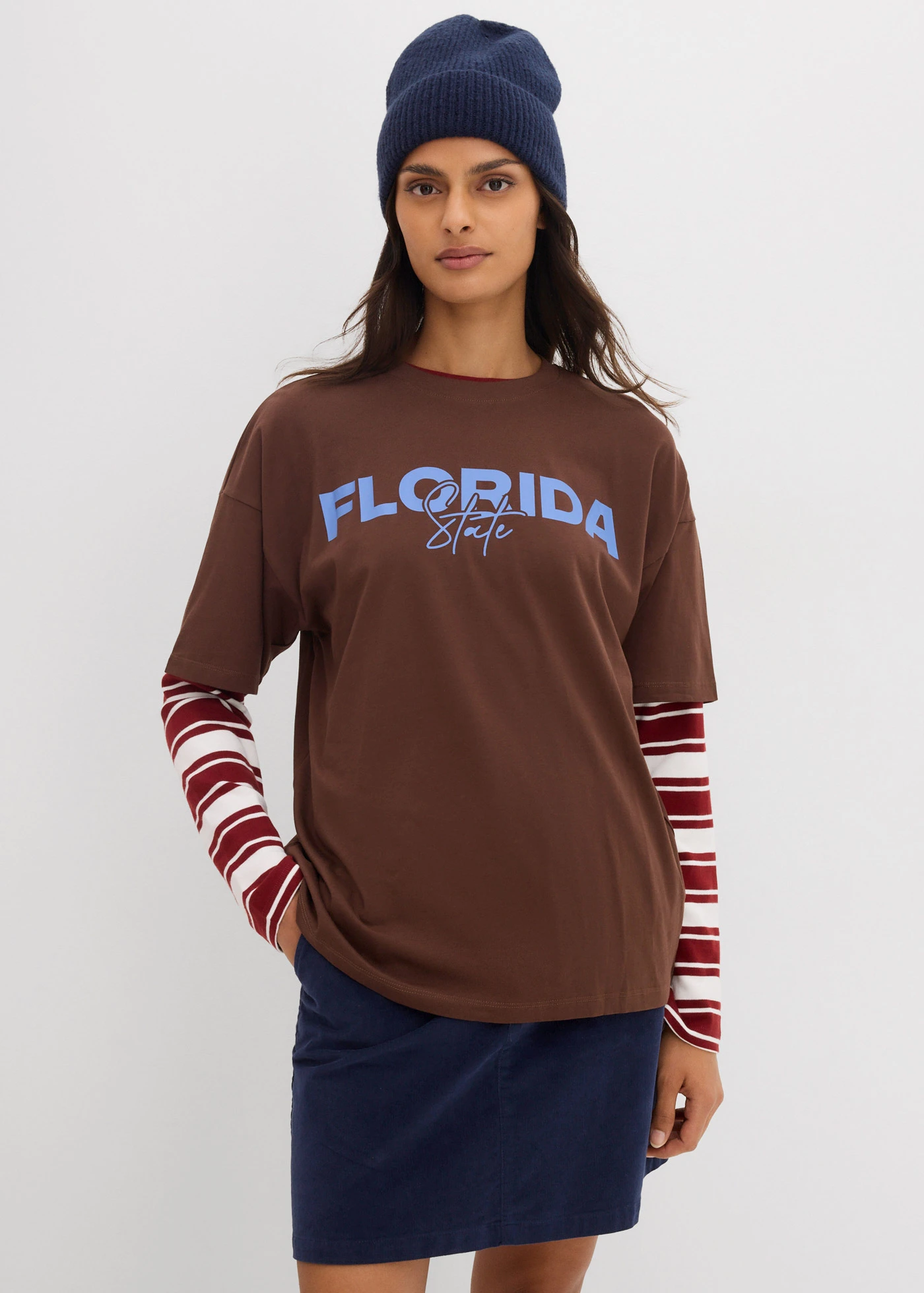 Oversize tričko z čisté organické bavlny • hnědo-nebesky modrá s potiskem • bonprix obchod