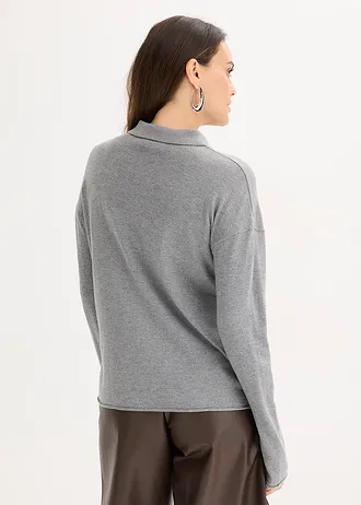 Fijngebreid vest in overhemd look, Kleur: grijs gemêleerd