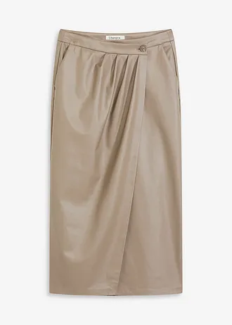 Imitatieleren midirok in wikkellook, Kleur: taupe