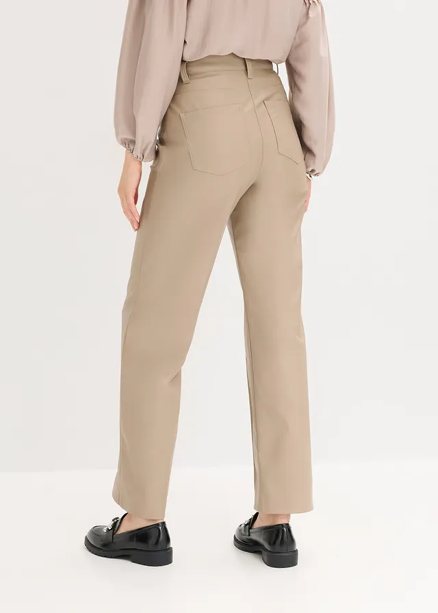 Imitatieleren broek met biezen, straight leg • taupe • product-page.page-title-suffix