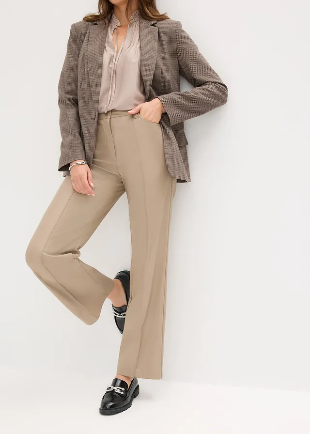 Imitatieleren broek met biezen, straight leg • taupe • product-page.page-title-suffix