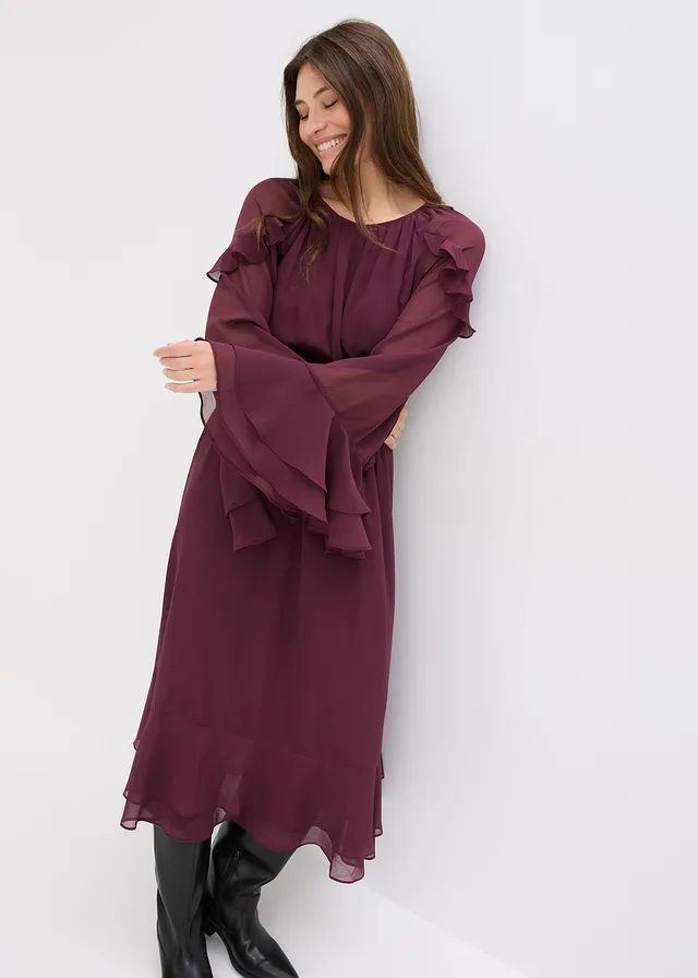Chiffon jurk met volants • wijnrood • product-page.page-title-suffix