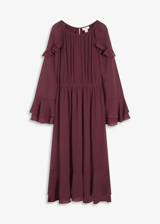 Chiffon jurk met volants, Kleur: wijnrood