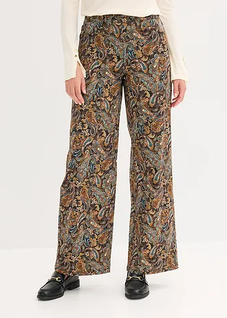 Strečové kalhoty Wide Leg, s bavlnou, barva: černo-béžový kašmírový vzor