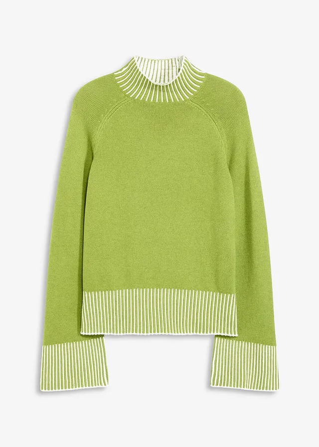 Trui met opstaande kraag en kasjmier • mosgroen-natuurbeige • bonprix online shop