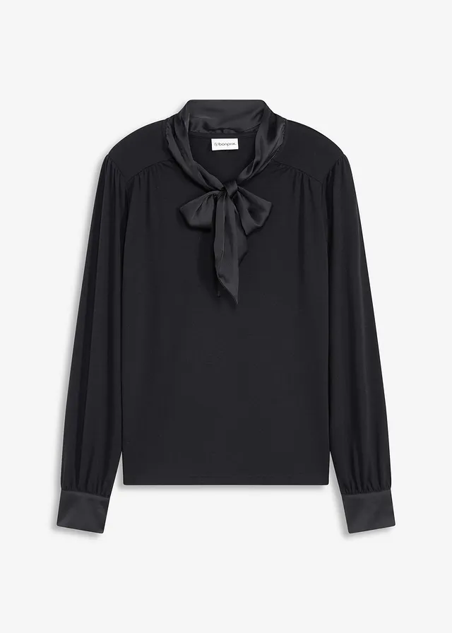 Bluză tricot cu viscoză și eșarfă tip fundă din satin