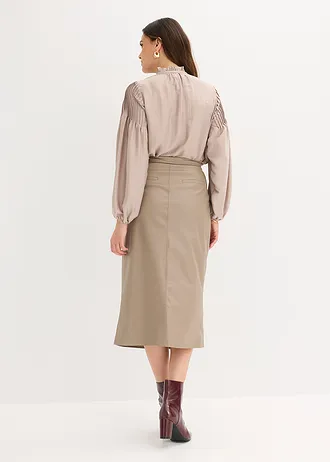 Imitatieleren midirok in wikkellook, Kleur: taupe