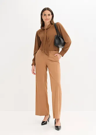 Shirt met viscose en satijnen strik, Kleur: pimentbruin