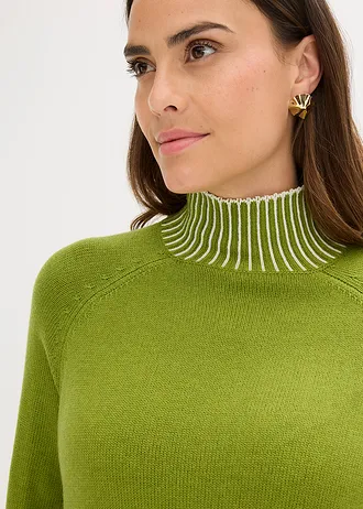 Trui met opstaande kraag en kasjmier • mosgroen-natuurbeige • bonprix online shop
