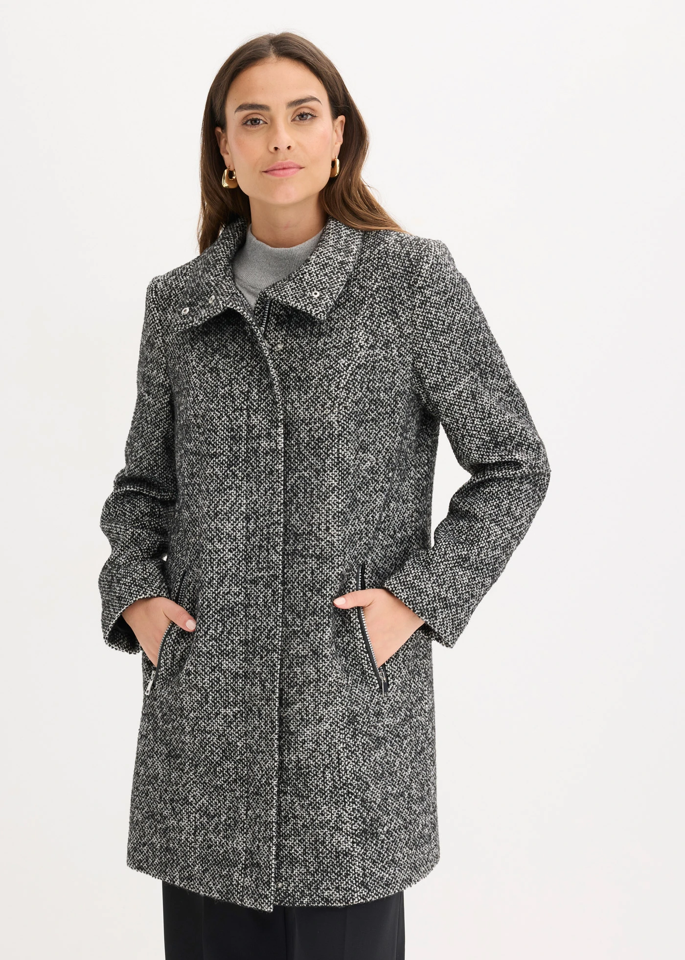 Korte coat in wollen look • zwart-zilverkleur gemêleerd • bonprix online shop