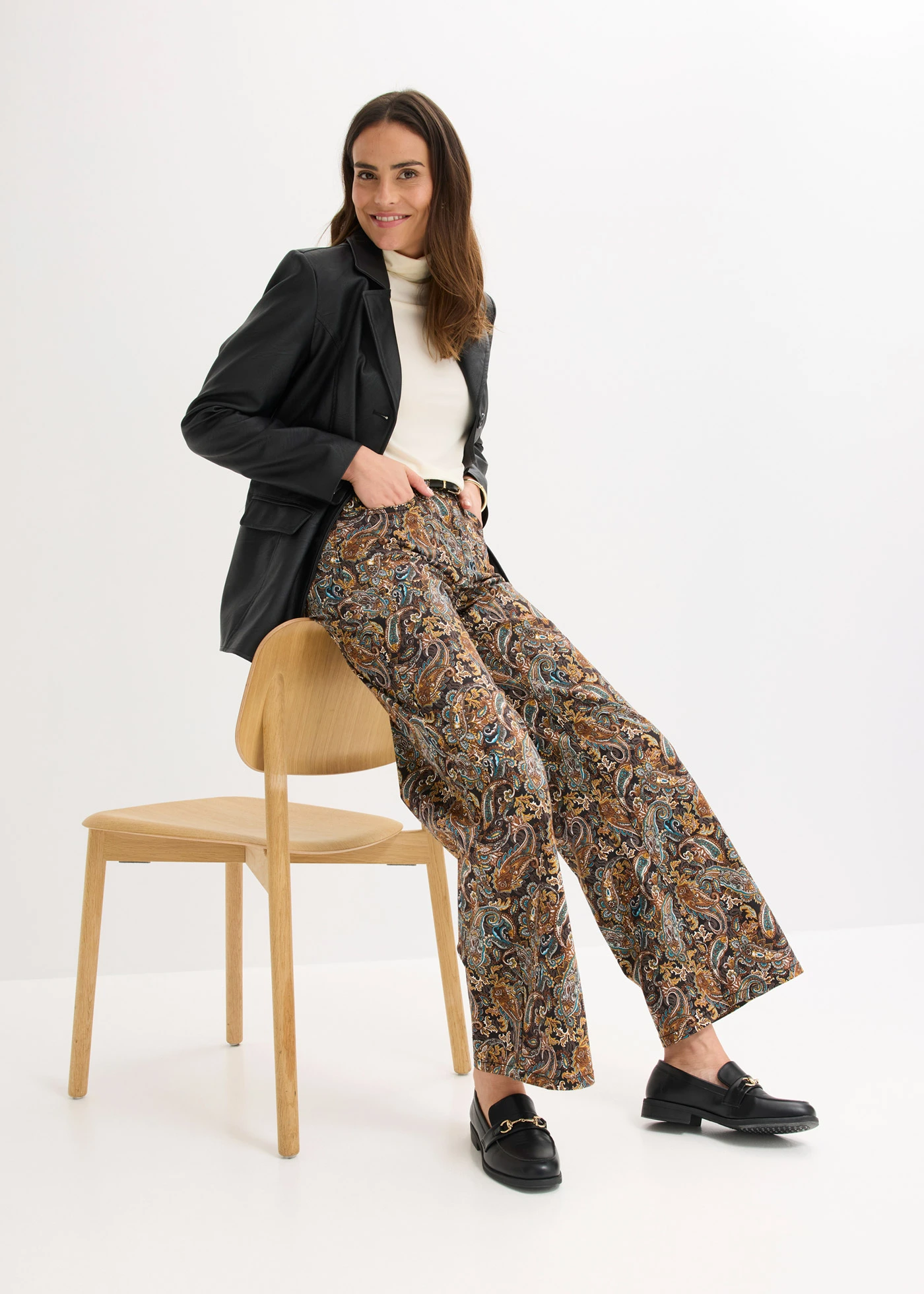 Strečové kalhoty Wide Leg, s bavlnou • černo-béžový kašmírový vzor • bonprix obchod