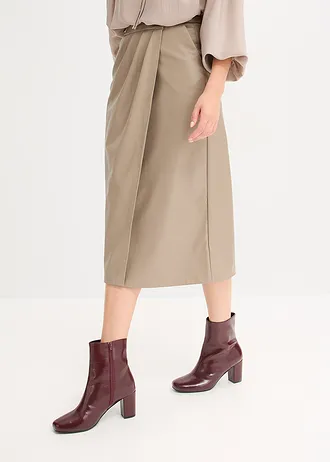 Imitatieleren midirok in wikkellook, Kleur: taupe