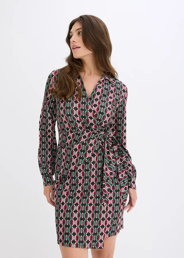 Zavinovacie šaty zo štruktúrovaného džerseju • čierna-bordová-zelená potlačená • obchod bonprix