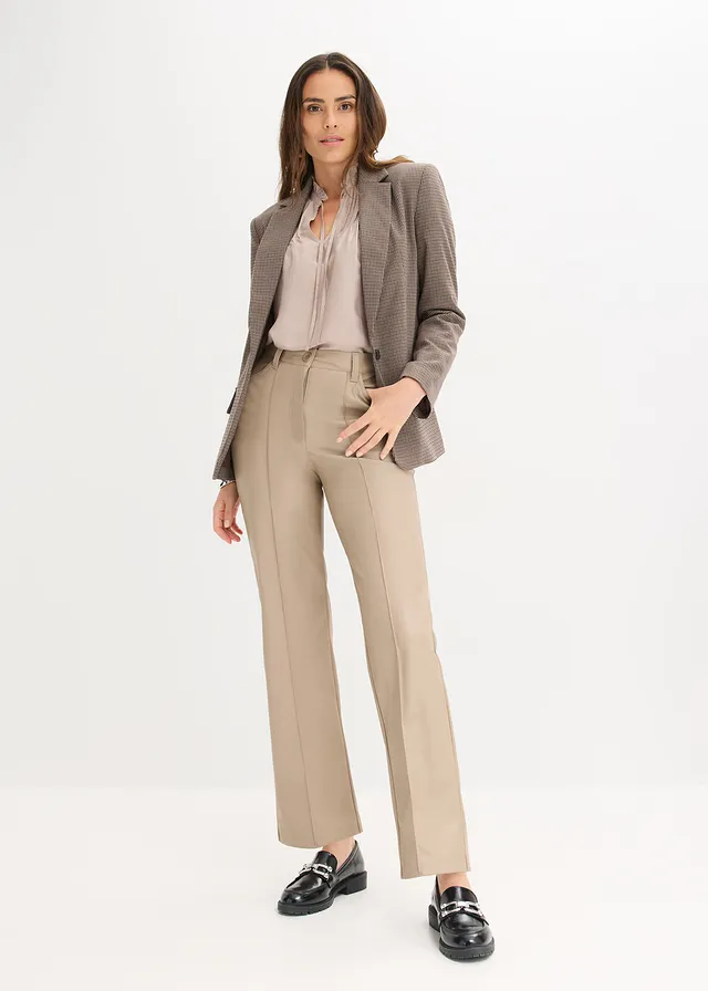 Imitatieleren broek met biezen, straight leg • taupe • product-page.page-title-suffix