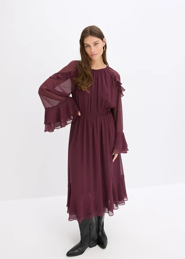 Chiffon jurk met volants • wijnrood • product-page.page-title-suffix