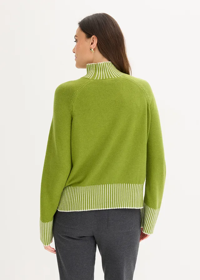 Trui met opstaande kraag en kasjmier • mosgroen-natuurbeige • product-page.page-title-suffix
