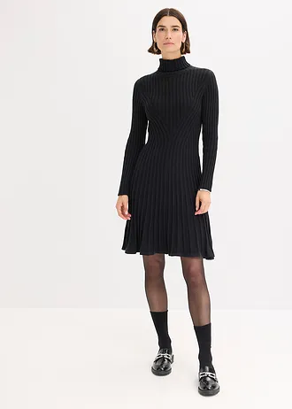 Gebreide jurk met col, Kleur: zwart