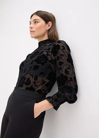 Transparant longsleeve met flockprint • zwart • bonprix online shop