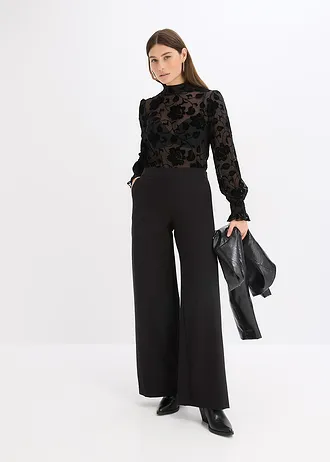 Transparant longsleeve met flockprint, Kleur: zwart