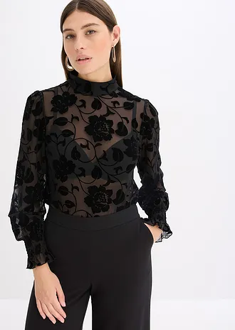 Transparant longsleeves en flockprint • zwart • bonprix online shop