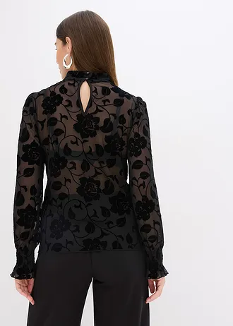 Transparant longsleeves en flockprint • zwart • bonprix online shop