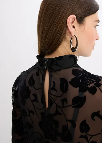 Transparant longsleeves en flockprint • zwart • bonprix online shop