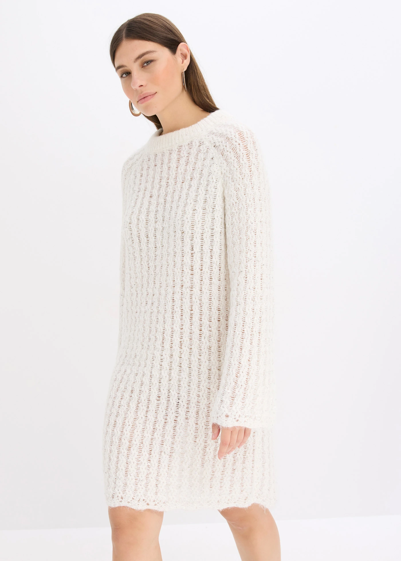 Robe courte en maille à nœud en satin, légèrement transparente • ecru • Boutique bonprix